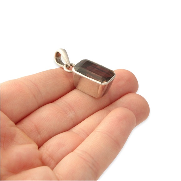 Vintage Smoky Quartz Sterling Silver Pendant Emerald Cut Gemstone Thick Bezel - Picture 6 of 6